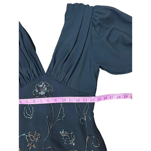 Vintage‎ Black Floral Beaded V-Neck Long Sleeve Evening Dress Size 12 - Picture 8 of 9